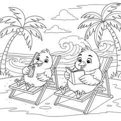 Cute birds coloring page. Adorable cartoon chick illustration. Two happy birds relaxing on lounge chairs under palm trees at the beach. Fun summer vacation activity for kids.