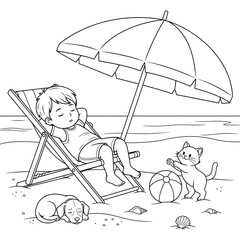 Summer beach coloring page. A cartoon illustration of a happy boy relaxing in a lounge chair with a sleeping dog and playful cat. Fun vacation scene for children.
