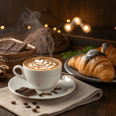 Cup of cappuccino with latte art paired with croissant or chocolate pastry