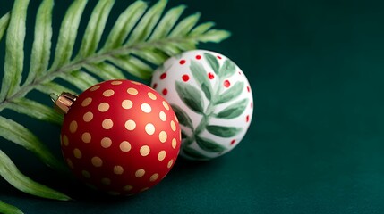 Red And Green Christmas Ornaments With Fern On Dark Green Background
