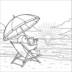Sunset penguin coloring page. A cute cartoon animal illustration. A happy penguin relaxing in a lounge chair with a drink and umbrella at sunset. Fun activity sheet for kids.
