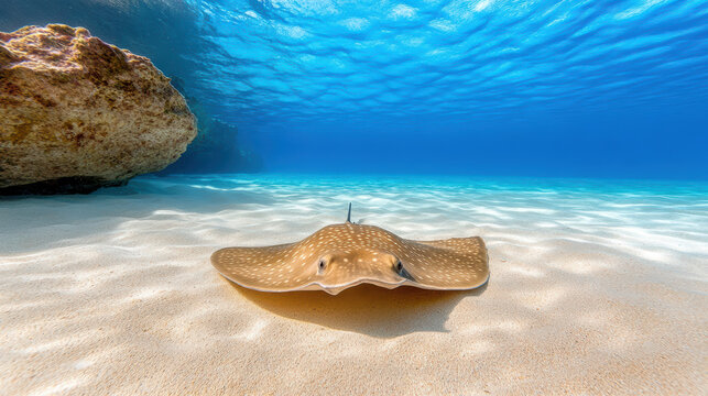 Close up of stingray on sandy ocean floor, showcasing its unique patterns and serene environment - Powered by Adobe