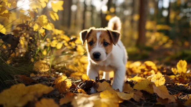A small puppy walks through a forest covered with vibrant autumn leaves. Sunshine filters through the trees as the puppy curiously sniffs the ground, enjoying the outdoors