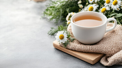 Calming tea cup with chamomile flowers, surrounded by greenery, evokes relaxation