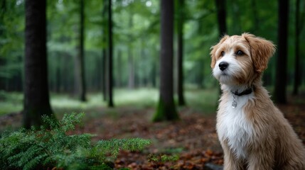 Curly Haired Brown Dog Portrait in Forest with Bokeh Background