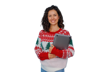 Woman smiling holding laptop, wearing festive christmas sweater. Holiday season remote work, online shopping concept