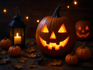 Glowing jack-o'-lantern with candlelight, autumn leaves, and small pumpkins on a wooden table. Cozy Halloween atmosphere with lantern and warm fairy lights.
