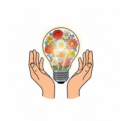 Vector illustration of hands holding a glowing light bulb filled with flower
