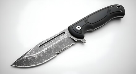 A survival knife with scratches, placed on a white surface