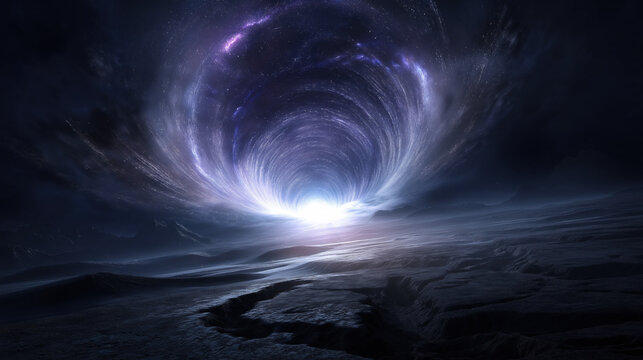 Cosmic portal over alien moonscape with swirling galaxy and streaming stars, glowing wormhole energy in dramatic contrast