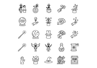 Magic & Illusion Icons: Black & White Vector Set, Monochrome Wizardry Glyphs: Spell and Trick Line Art Icons, The Magician's Toolkit: Flat Vector Icon Pack