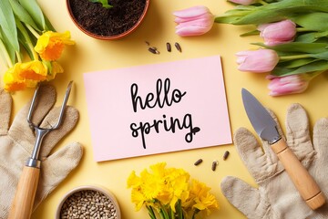 Springtime celebration with vibrant flowers, gardening tools, and cheerful decoration evokes joy and renewal in a cozy home setting