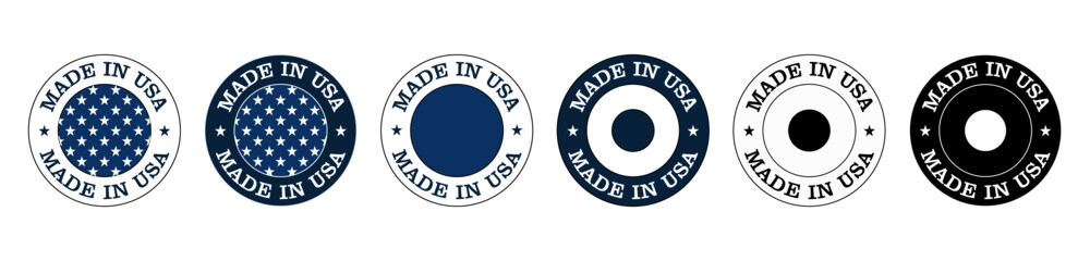 Set Of Six made in USA circular labels with varying designs and color schemes on a white background in a row