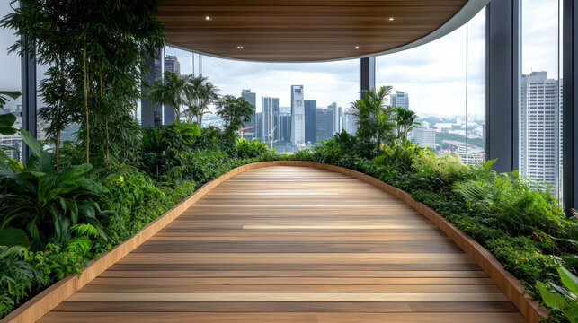 Lush green rooftop garden with wooden walkway and city skyline view creates serene urban escape