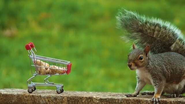 Squirrel cautiously taking peanut from shopping cart full of nuts, consumer, retail. Wildlife protection rodents and squirrels composition reflecting biodiversity values and environmental harmony