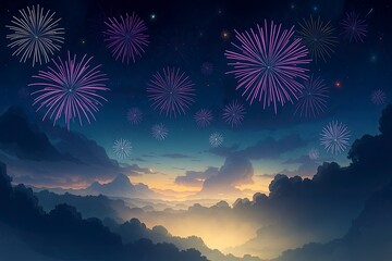 A dazzling array of fireworks lights up the sky, contrasting against the clouds below.