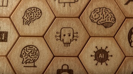 Photorealistic arrangement of wooden hexagon blocks engraved with AI icons: human head with circuits, neural network nodes, robot face, brain connections, and AI chip.