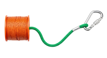 Isolated climbing gear, spool of orange climbing rope leading to a green rope and carabiner clip