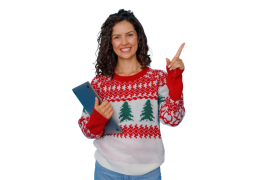 Smiling woman in holiday sweater holding laptop and pointing up, presenting christmas online shopping or festive promotion - Powered by Adobe