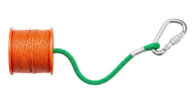 Isolated climbing gear, spool of orange climbing rope leading to a green rope and carabiner clip - Powered by Adobe