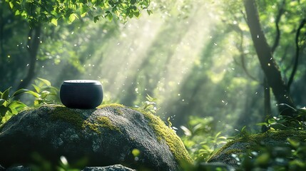 Elegant matte black Bluetooth speaker on a rock in a serene sunlit forest.