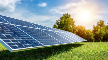 Solar panels on green grass under bright sky, showcasing renewable energy technology