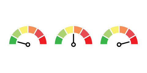 Colorful Gauge Meter Vector Set. Low, Medium, High Indicator. Performance Level Meter Icons. Dashboard Gauge Vector