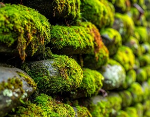 Lush green moss blankets dark stones in a wall
