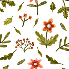 Botanical seamless pattern with flowers, wildflowers, plants, branches, leaves. Hand drawn watercolor background. Berry and flower