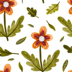 Botanical seamless pattern with flowers, wildflowers, plants, branches, leaves. Hand drawn watercolor background. Berry and flower. Decorative flower