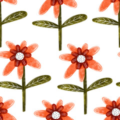 Botanical seamless pattern with flowers, wildflowers, plants, branches, leaves. Hand drawn watercolor background. Berry and flower. Decorative red flower