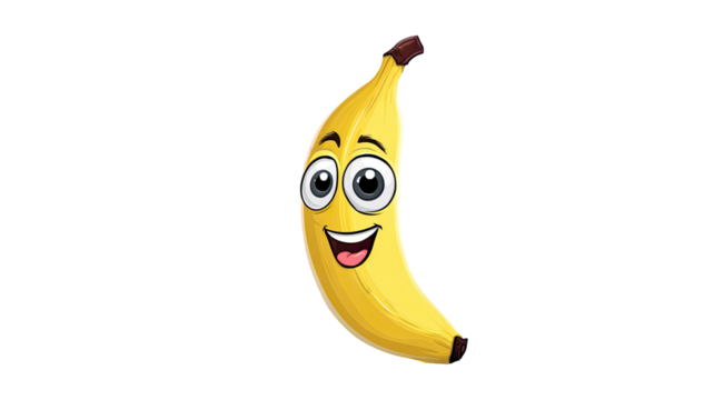 Cartoon banana character funny fruit mascot tropical yellow food illustration smiling face comic style playful cute figure isolated on white background