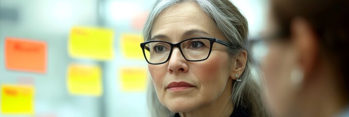 Businesswoman with glasses brainstorming with a colleague in front of a wall of sticky notes.