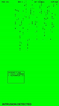 Matrix style computer code glitch on green screen