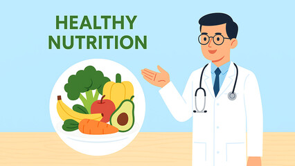 Flat-style digital illustration showing a doctor presenting a plate of fruits and vegetables with the text "Healthy Nutrition". Concept of diet, wellness, and preventive healthcare.
