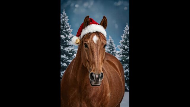 A charming horse wearing a Santa hat stands in an isolated setting, combining festive holiday spirit with rustic animal beauty, perfect for Christmas themes, seasonal cards, and wintertime visual