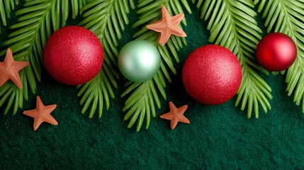 Red and Green Christmas Ornaments on Green Background