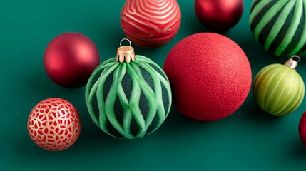 Red And Green Christmas Ornaments On Teal Background