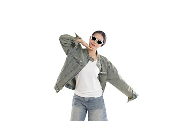 Trendy Poses: A confident woman, wearing stylish sunglasses and denim apparel, strikes a fashionable pose. capturing her chic elegance and unique style