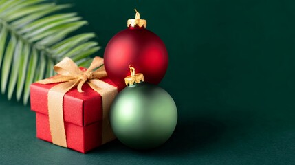 Red and Green Christmas Ornaments with Gift Box on Dark Green Background