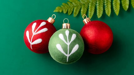 Red and Green Christmas Ornaments with Fern on Green Background