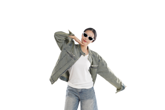 Trendy Poses: A confident woman, wearing stylish sunglasses and denim apparel, strikes a fashionable pose. capturing her chic elegance and unique style