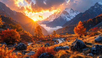 Sunrise over autumn valley