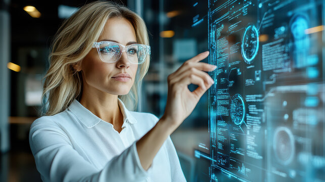 Innovative businesswoman interacting with holographic interface, showcasing technology and data
