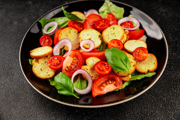 Panzanella salad tomato, croutons, onions vegetables dish natural product tasty snack fresh delicious gourmet food background on the table rustic top view copy space