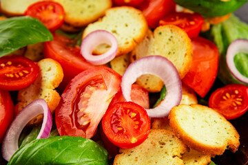 Panzanella salad tomato, croutons, onions vegetables dish natural product tasty snack fresh delicious gourmet food background on the table rustic top view copy space
