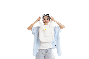Happy Lady with a Canvas Bag: A young lady radiates joy, holding a delightful canvas bag overhead while wearing sunglasses, celebrating a sunny day and sustainable style.