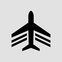 A simple and unique minimalist vector, Silhouette icon of an airplane is centered against a solid, light gray background. 