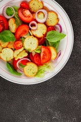 Panzanella salad tomato, croutons, onions vegetables dish natural product tasty snack fresh delicious gourmet food background on the table rustic top view copy space
