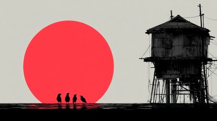 Birds sunset water tower silhouette